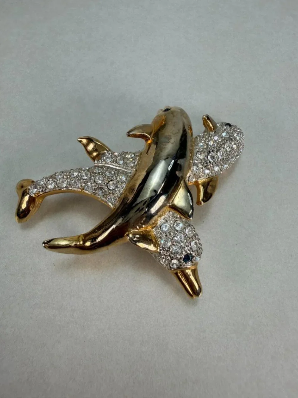 Vintage Dolphin Brooch Rhinestone Gold Tone Double Dolphin Ocean Figural Pin